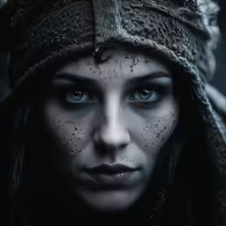 a woman wearing a head piece and a scarf with frecks