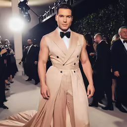 a man in a tuxedo poses on a red carpet