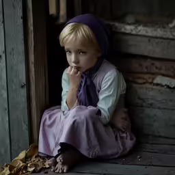 a young girl sits on the floor looking up