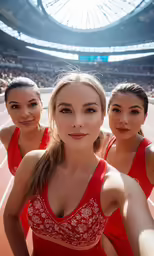 a group of girls with their faces to the side, posing in red dresses at a sporting event