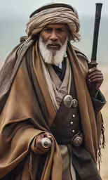 an older man dressed as an egyptian man holding a weapon