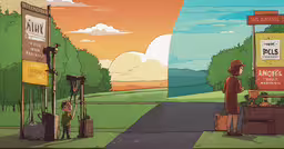 cartoon of a man at the roadside waiting for his friend,a cartoon scene shows the beginning of travel