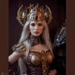 a lady with long grey hair in a costume