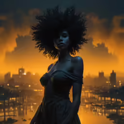 a digital painting of a woman with a large afro in front of a city skyline