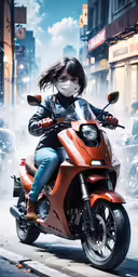 a girl rides on an orange motorcycle in the city