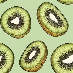 sliced kiwi fruit cut in half on green background