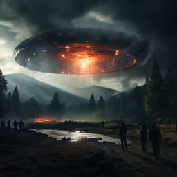 an image of some people standing near a lake,an object flying over the ground with trees and people