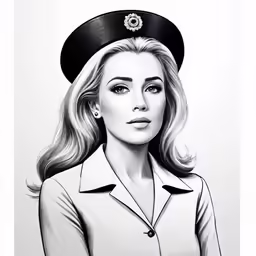 a drawing of a woman with blonde hair wearing a dress uniform and a big hat