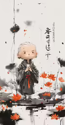 the boy is standing alone on a leafy pond and holding his hands together