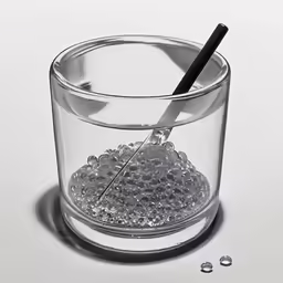 the small glass is filled with beads and a spoon
