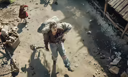 a woman flying in the air over a dirt road