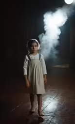 a small girl wearing an old fashioned dress standing in the dark