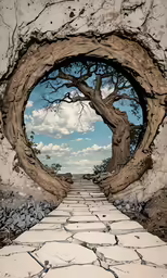 a picture of a stone street and a big tree