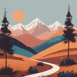 landscape with a mountain range in the background,a landscape image of a road and some trees in the mountains