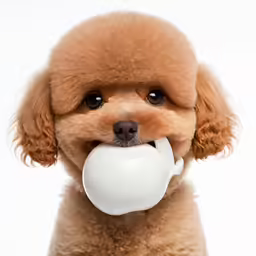 a small poodle dog is chewing on a white ball