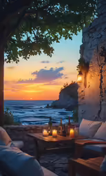 an outdoor seating area overlooking the ocean during a sunset