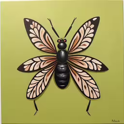 a paper cut insect in pink and black,this painting depicts an insect painted black, with black and brown patterns