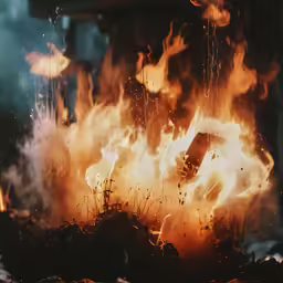 a fire blazing in a kitchen that looks like it was struck