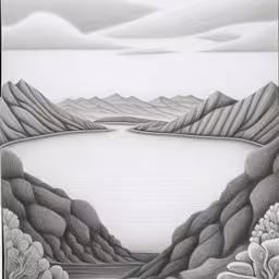 black and white drawing of a mountain landscape,a landscape drawn with pencils with mountain range in the distance,a drawing of the landscape in black and white,a drawing with a small lake surrounded by mountains,a drawing with mountains and water in the distance
