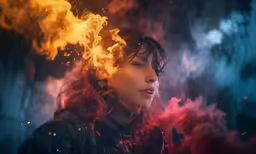 a woman looks up from the clouds while standing in front of bright flames