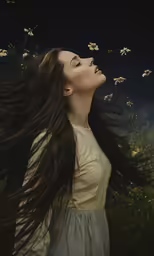 a woman standing in the grass holding her head with flowers coming out of her hair