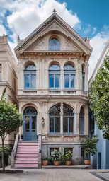 the front of a large tan building with two balconies