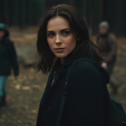 woman in forest with man walking nearby in distance