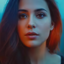 a woman with long hair wearing blue eyes