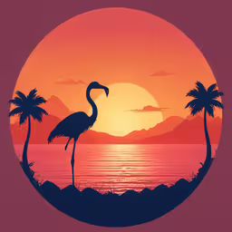 a bird stands on the shore as the sun sets,an image of the sun setting and a flamingo in silhouette