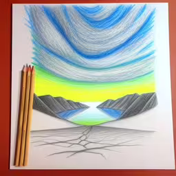 the drawing shows a landscape with mountains and water and two color pencils