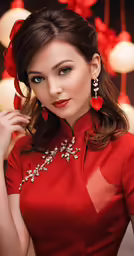the woman in a red dress wears red earrings