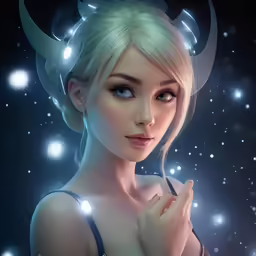 a digital rendering of a woman wearing a demon hat