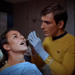 a man standing next to a woman while she brushes her teeth