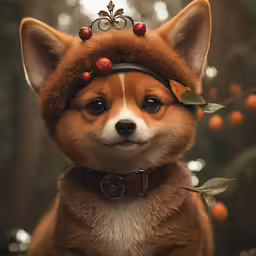 a red dog is dressed up like a fox