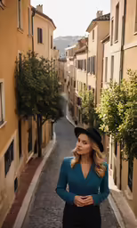 a beautiful young woman in blue shirt and black skirt standing on the street