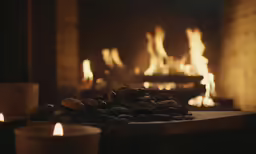 roasted nuts next to a lit fireplace at night
