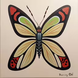 a painting of a butterfly that is on display,a painting of a colorful butterfly