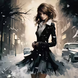 a woman in black and white is standing on the street,the girl is walking in the snow by herself
