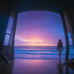 a beautiful woman looking out from the entrance to a sandy beach