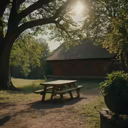 a picnic table sits in the sun on a small gravel road