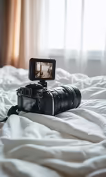 a camera that is on the bed with a cellphone