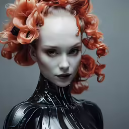 a lady with white and red hair is looking ahead