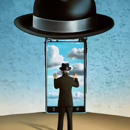 man in a hat on top of a phone