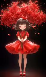 the girl in a red dress is holding a bunch of red roses