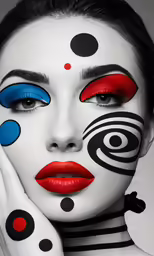 a woman with white make - up and red lipstick