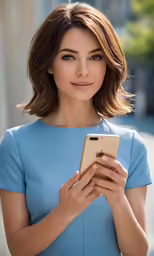 an attractive young woman in blue is looking at her phone