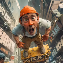 a character with orange hat and grey shirt standing on yellow box