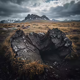 some rocks in a field and mountains behind them