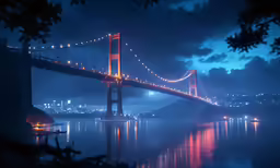 a foggy night view of the bay bridge