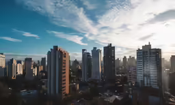 large city skyline with sun beams, buildings and clouds